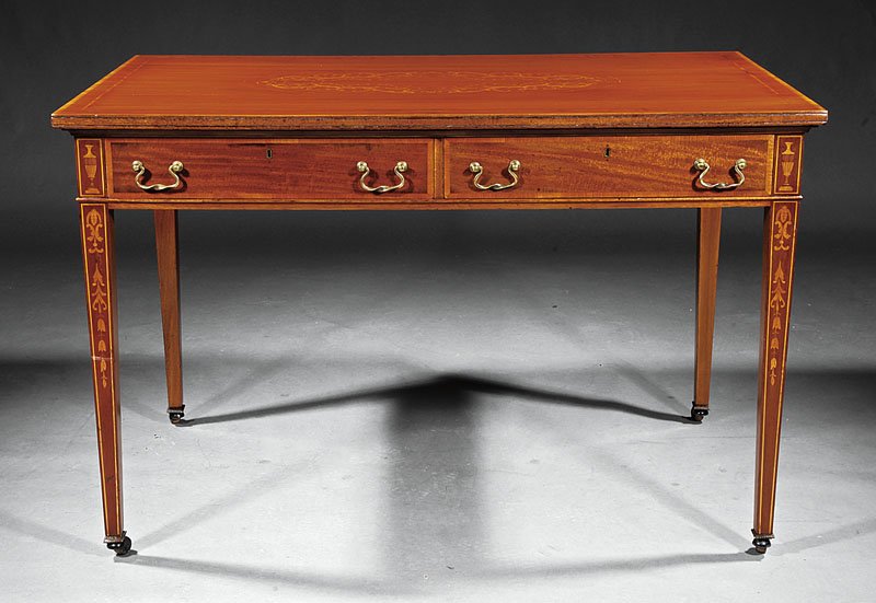 Edwardian Inlaid Mahogany Partners Desk: A Fine Edwardian Inlaid Mahogany Partners Desk, early 20th c., banded top with oval medallion, two frieze drawers on each side, urn and bellflower inlaid square tapered legs, brass ferrules, casters, 