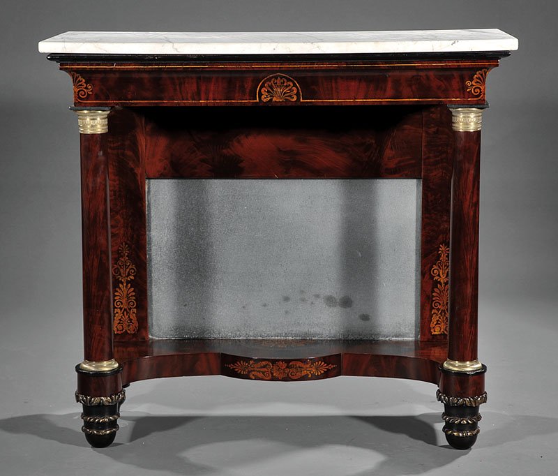 Classical Gilt-Stenciled Mahogany Pier Table: An American Classical Gilt-Stenciled Mahogany Pier Table, early 19th c., New York, white variegated marble top, frieze with anthemia, columnar supports with bronze collars, mirrored back, shaped stret