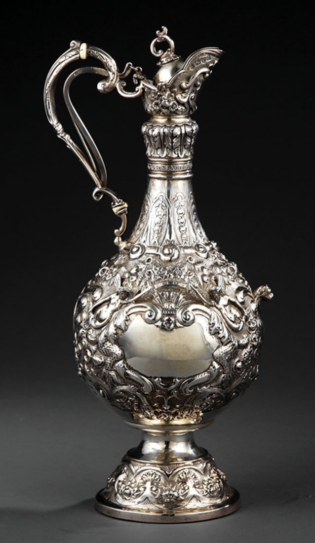George Nathan & Ridley Hayes Sterling Claret Jug: An Antique English Sterling Silver Claret Jug, George Nathan & Ridley Hayes, Chester, 1897, mark reg. 1897; height 15 1/2 in., weight 42.95 troy ozs