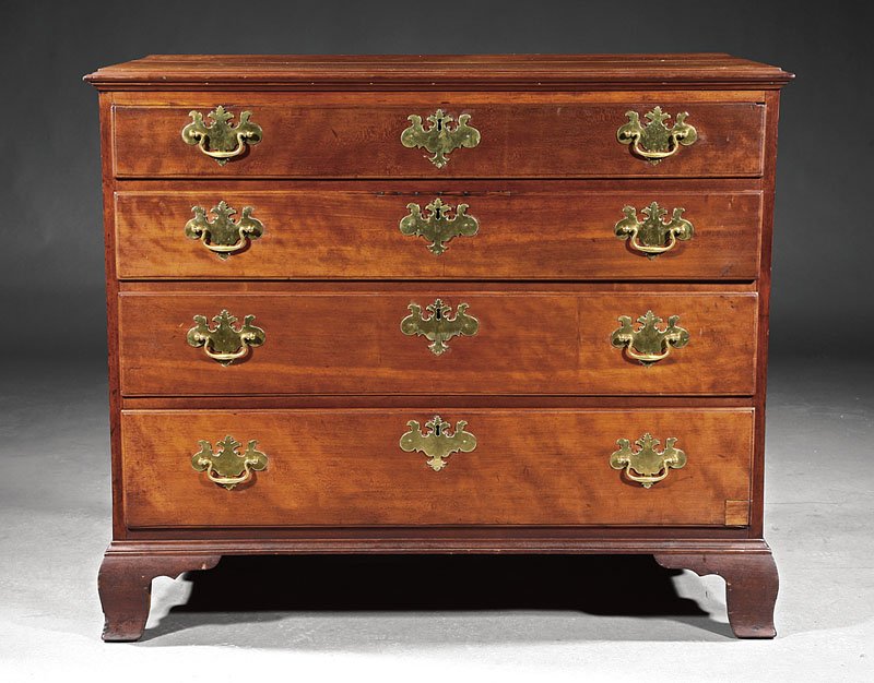 Chippendale Carved Cherrywood Chest of Drawers: An American Chippendale Carved Cherrywood Chest of Drawers, 18th c., Delaware Valley, molded top, four graduated drawers, ogee bracket feet, height 37 in., width 43 1/2 in., depth 21 1/2 in Note: With