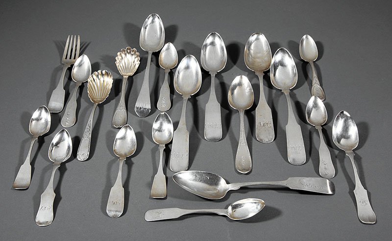 Group of American Coin Silver Flatware: A Group of American Coin Silver Flatware, primarily Virginia and Maryland; including a spoon, Josiah B. Greene, Leesburg, VA, wc. 1847-1852, length 5 7/8 in.; 2 spoons, J.T. Young, Petersburg, VA, wc.