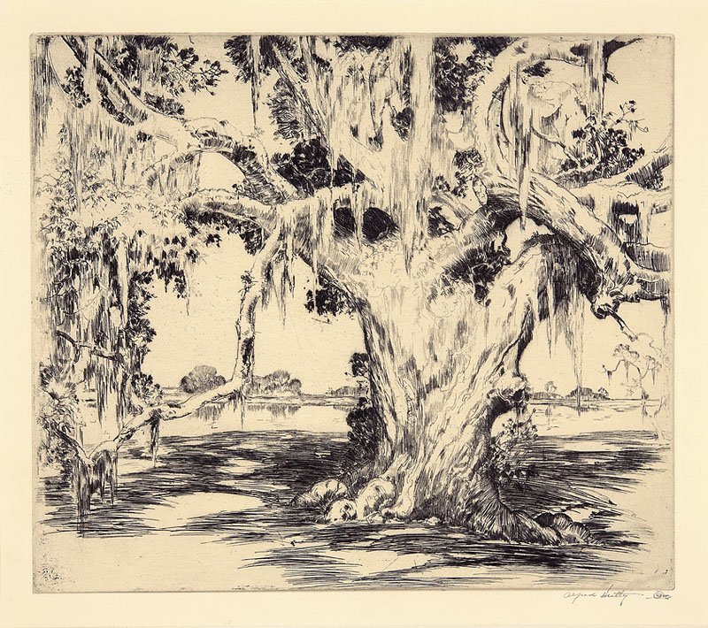 Alfred Heber Hutty (American/Charleston, 1877): Alfred Heber Hutty (American/Charleston, 1877-1954), "Middleton Oak", etching, pencil-signed and with artist's device, sight 10 in. x 11 1/4 in., plate 8 7/8 in. x 10 1/8 in., framed; accompanied by "