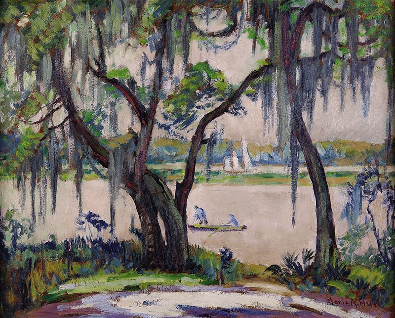 Marie Atkinson Hull (American/Mississippi, 1890): Marie Atkinson Hull (American/Mississippi, 1890-1980), "View of the Back Bay, Biloxi", oil on masonite, signed lower right, 15 1/2 in. x 20 in., framed. Provenance: Gift of the artist Note: A similarl