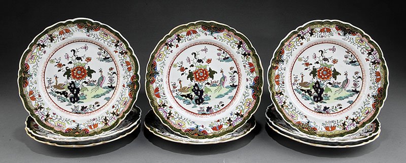 Eight Mason's Ironstone Imari Pattern Plates: Eight English Ironstone Imari Pattern Plates, late 19th c., marked "Mason's/ Patent Ironstone/ China", diameter 10 1/4 in