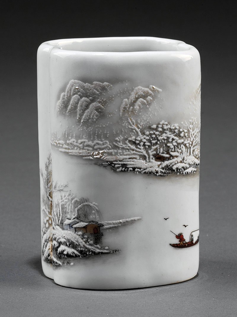 Chinese Enameled Porcelain Brush Pot, Bitong: A Chinese Enameled Porcelain Brush Pot, Bitong, 20th c., double lobed body finely decorated with a snowy winter scene, bearing signature of He Xuren and dated "Bing Wu" year, height 3 1/8 in
