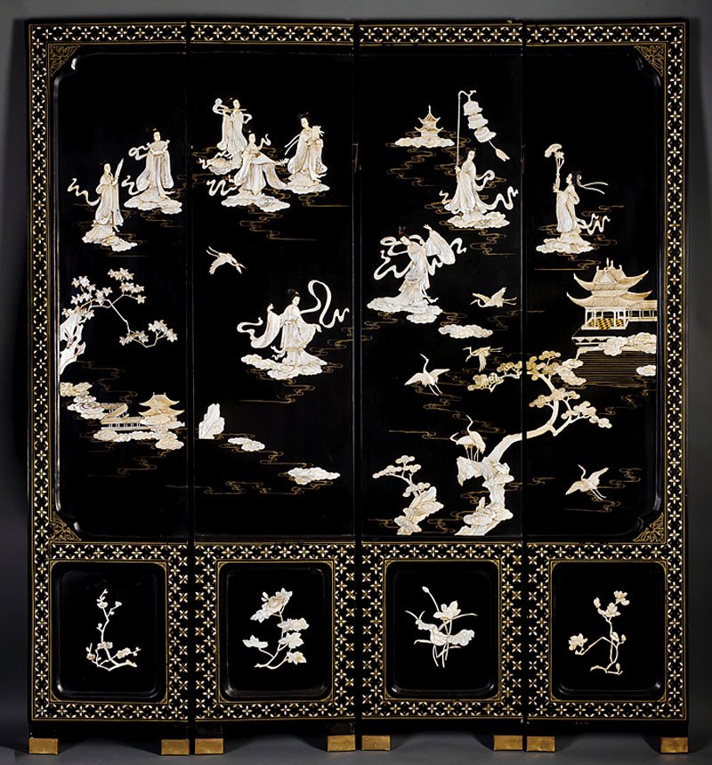 Chinese Mother-of Pearl,Black Lacquer Screen: A Chinese Mother-of Pearl Embellished Black Lacquer Four Panel Floor Screen, 20th c., the front applied with figures of beauties in a garden setting, the reverse gilt decorated with bird-and-branch mo
