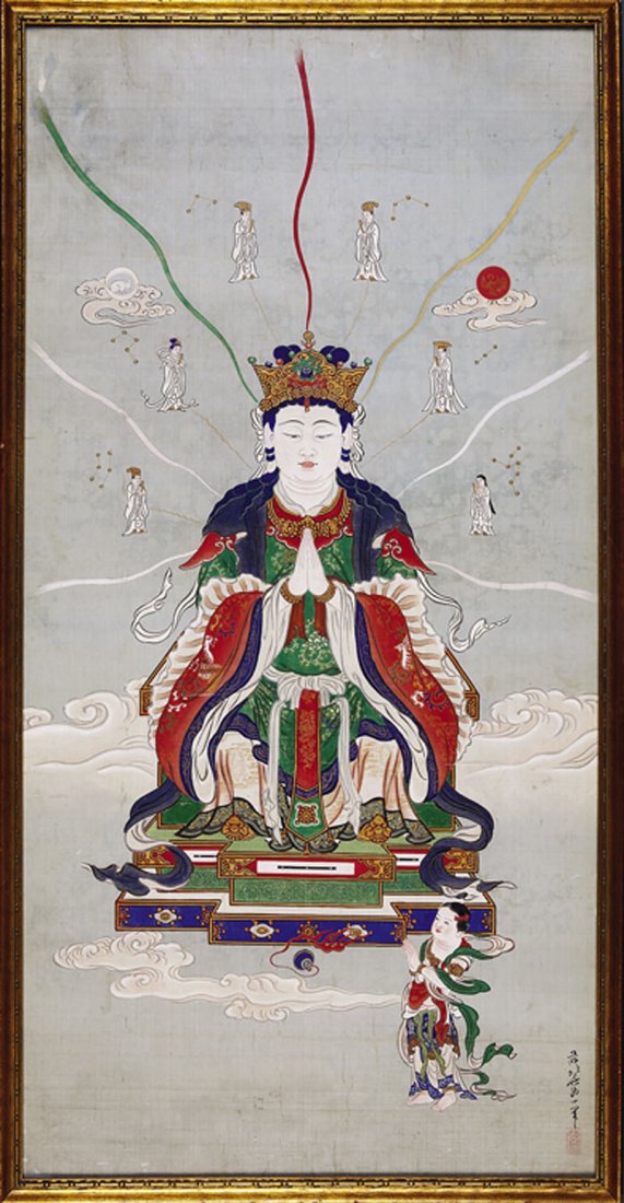 Japanese School: Japanese School, "Buddhist Figure", ink and color on silk, inscribed and sealed lower right, sight 32 1/2 in. x 16 in., framed. Provenance: Texas Collector