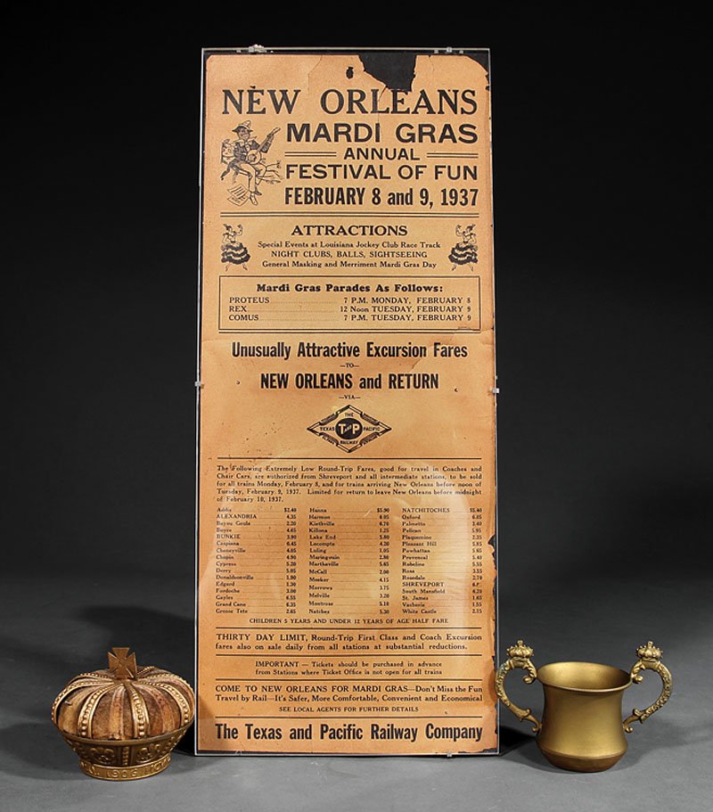 [Mardi Gras] Ball Favors: [Mardi Gras], ball favors, including a 1903 Rex cup and a 1906 Rex pin cushion; together with a New Orleans Mardi Gras Annual Festival of Fun, February 8th and 9th, 1937 parade and train schedule, The