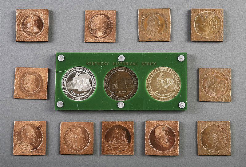 H. Alvin Sharpe (American/New Orleans, 1910-1982): H. Alvin Sharpe (American/New Orleans, 1910-1982), a collection of gold, silver, and copper medals comprised of three round medallions encased in Lucite, and eleven square pattern pieces including: "K