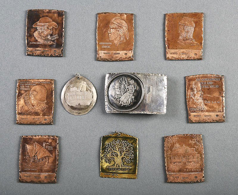 H. Alvin Sharpe (American/New Orleans, 1910-1982): H. Alvin Sharpe (American/New Orleans, 1910-1982), a collection of silver, copper, and colored alloy jewelry and medals comprised of two pendants, one belt buckle, and seven square pattern proofs incl