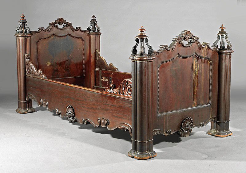 Two Carved Mahogany Daybeds, attr. Mallard: Two American Rococo Carved Mahogany Daybeds, one c. 1840, attributed to Prudent Mallard, New Orleans; the other c. 1910, probably Bittner's, Louisville, KY; each with arched shell crest, ripple molded