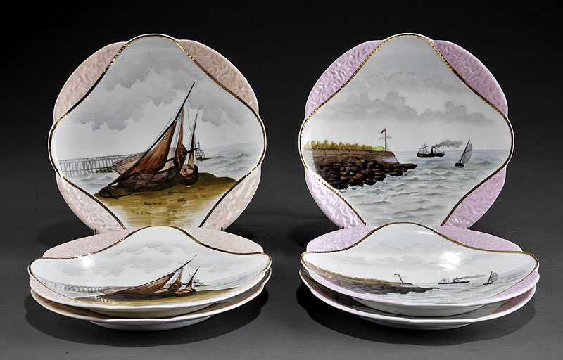 Twelve Continental Porcelain Dessert Plates: A Set of Twelve Continental Porcelain Dessert Plates, late 19th c., each marked 01108/XV, decorated with harbor scenes, diameter 8 1/4 in.; together with two family letters, the first a note to Charle