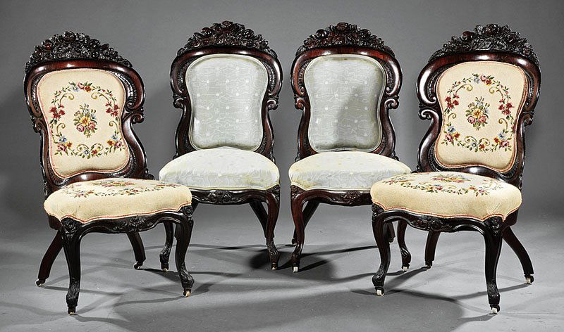 Rosewood Parlor Suite, attr. Belter: An American Rococo Carved and Laminated Rosewood Parlor Suite, mid-19th c., attributed to John Henry Belter, New York, in the pattern known as "Henry Clay", comprising a sofa, two armchairs and four s