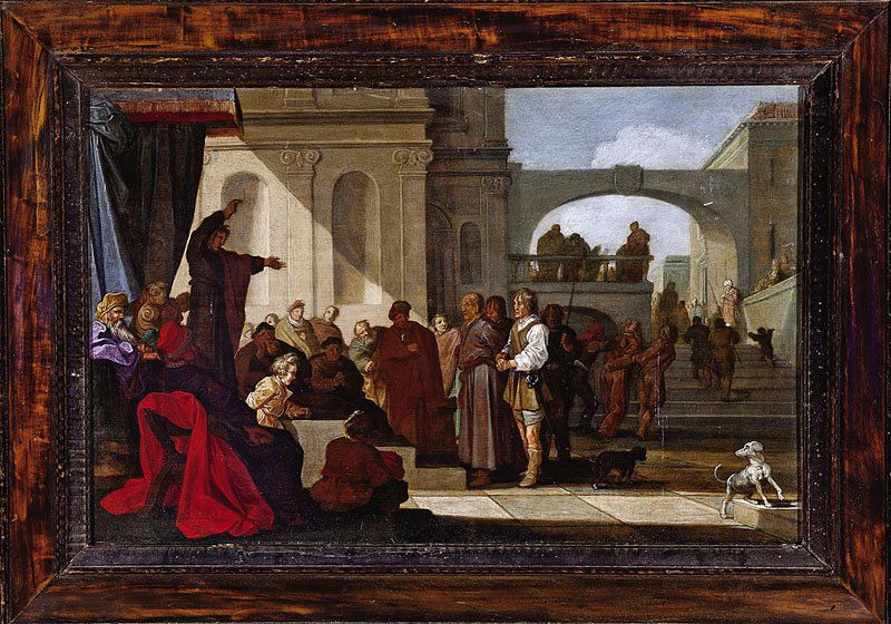 School of Ferdinand Bol (Dutch, 1616-1680): School of Ferdinand Bol (Dutch, 1616-1680), "Judgment at Court", oil on wood panel, partial signature on step at dog's foot, gallery label en verso, 15 in. x 23 1/4 in., antique frame