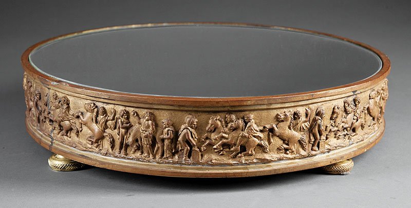 Empire-Style Patinated Bronze Surtout de Table: An Empire-Style Patinated Bronze Surtout de Table, relief decoration of classical figures and horses, height 3 1/2 in., diameter 16 in