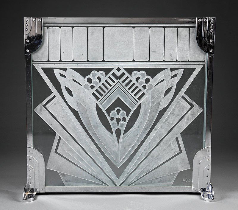 Dennis Abbe Art Deco Revival Firescreen: An American Art Deco Revival Chrome Mounted Glass Firescreen by Dennis Abbe (1942-2012), carved and etched glass, signed lower right, height 29 1/2 in., width 31 1/2 in., depth 8 in