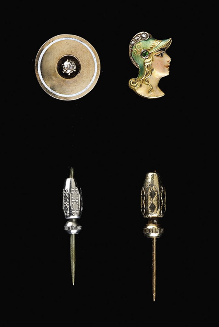 Two 14 kt. Yellow Gold and Enamel Stick Pins: Two Antique American 14 kt. Yellow Gold and Enamel Stick Pins, one with Athena head set with 3 old mine diamonds and a green garnet; the other circular with old mine diamond