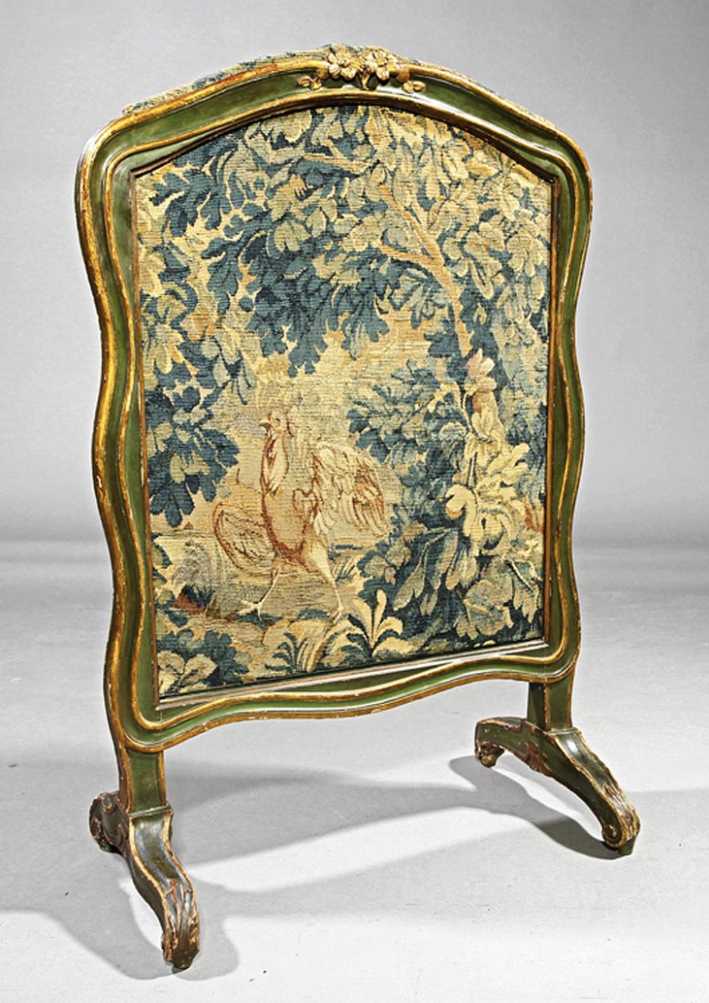 Parcel Gilt and Verte Peinte Fire Screen: An Antique Louis XV-Style Parcel Gilt and Verte Peinte Fire Screen, molded surround with tapestry panel, scrolled feet, height 39 1/4 in., width 24 3/4 in., depth 14 1/2 in