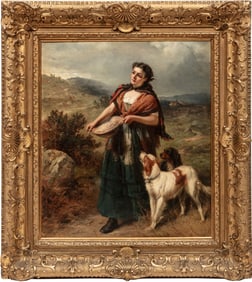 Edward Charles Barnes, British 1830-1894, "Woman Walking the Fields with Her Dogs", oil on canvas,