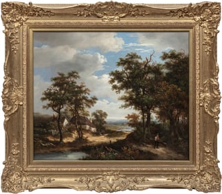 British School 19th c., "Cottage alongside a River", oil on canvas, 25 x 30 in. (63.5 x 76.2 cm.),