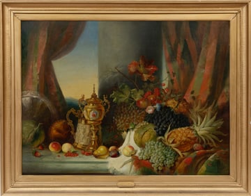 George Lance, British 1802-1864, "Still Life with Fruit", oil on canvas, 36 1/4 x 48 1/4 in. (92.1 x