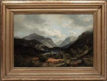 Hermann Ottomar Herzog, German/American 1832-1932, ?Alpine Lake with Figures on a Village Road?, oil