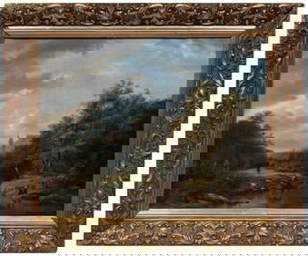 Maximilien Lambert Gelissen, Belgian 1786-1867, "Landscape with Travelers by a Stream and Distant