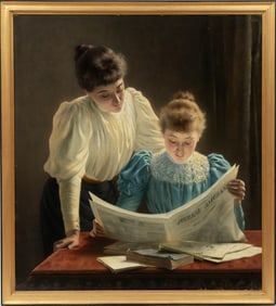 Alexis Nys, Belgian 1844-1930, "Two Young Women Reading a Newspaper", oil on canvas, 45 1/4 x 40 1/2