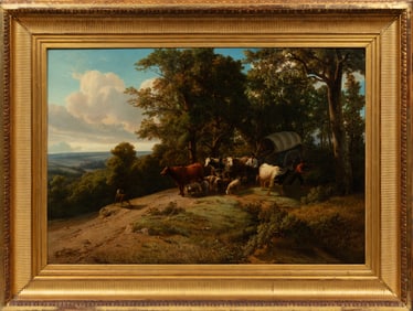 Louis Derickx, Belgian 1835-1895, "Chariot Attel? sur Fond de Paysage Montagneux", oil on canvas, 34