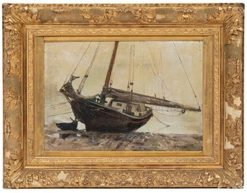George Hendrik Breitner, Dutch 1857-1923, "Ship at Low Tide", oil on canvas, 14 x 20 in. (35.6 x