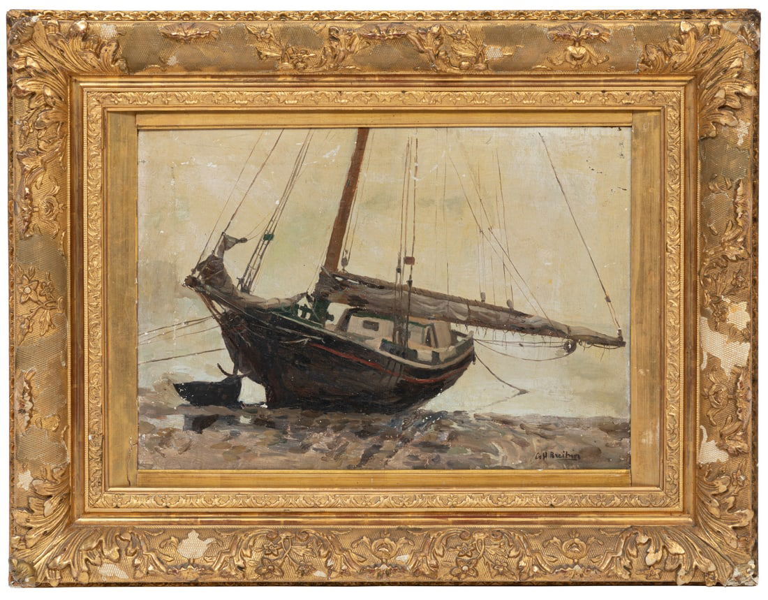 George Hendrik Breitner, Dutch 1857-1923, "Ship at Low Tide", oil on canvas, 14 x 20 in. (35.6 x: George Hendrik BreitnerDutch, 1857-1923"Ship at Low Tide"oil on canvassigned lower right, framed.14 x 20 in. (35.6 x 50.8 cm.), Frame: 23 x 29 3/4 x 3 1/8 in. (58.4 x 75.6 x 7.9 cm.) Neal Au