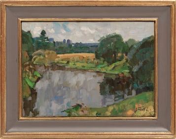 Nikolai Efimovich Timkov, Russian 1912-1993, ?Landscape with Pond and Dense Trees?, oil on board, 10