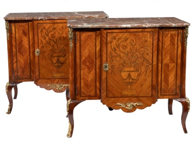 Pair of Louis XV/XVI Transitional-Style Bronze Mounted Parquetry and Tulipwood Marquetry Commodes