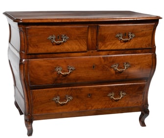 French Provincial Carved Walnut Bombe Commode