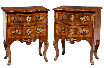 Pair of Louis XV-Style Bronze Mounted Inlaid Burlwood Serpentine Commodes