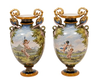 Pair of Large Ginori Majolica Polychrome Urns