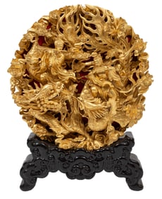 Large and Impressive Chinese Carved Giltwood 'Dragon and Phoenix' Plaque on Stand