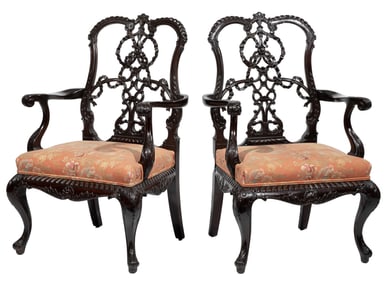 Pair of Georgian-Style Carved Mahogany Ribbon Back Armchairs