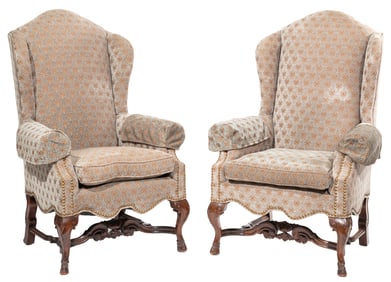 Pair of Antique English Carved Walnut Wing Chairs