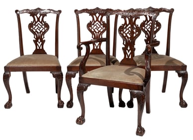 Set of Eight Chinese Chippendale-Style Carved Mahogany Dining Chairs