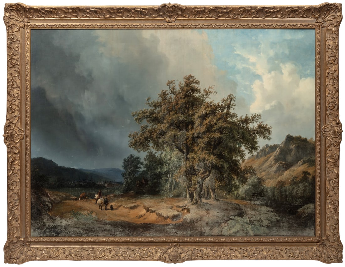 Henri Daniel Verbeeck, Flemish 1817-1863, "Riders in a Landscape", oil on canvas, 42 1/4 x 57 1/4: Henri Daniel Verbeeck Flemish, 1817-1863 "Riders in a Landscape" oil on canvas 1843, indistinctly signed and dated lower right (partially obscured by frame), framed. 42 1/4 x 57 1/4 in. (107