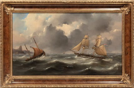 Govert Van Emmerik, Dutch 1808-1882, "Ships in Rough Seas", oil on canvas, 16 5/8 x 28 3/4 in. (42.2