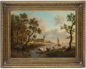 Victor de Grailly, French 1804-1889, ?River Landscape with Boat, Figures and Cattle?, oil on canvas,