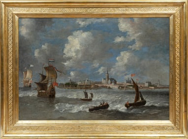Continental School 19th c., ?Antwerp Harbor?, oil on canvas, 45 x 66 in. (114.3 x 167.6 cm.), Frame: