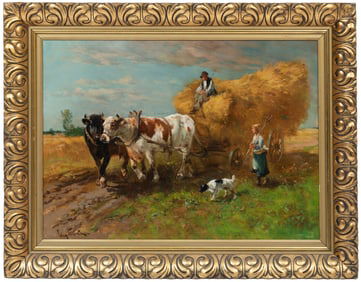 Henry Schouten, Belgian 1859-1927, ?Hauling Hay?, oil on canvas, 26 x 36 in. (66 x 91.4 cm.), Frame: