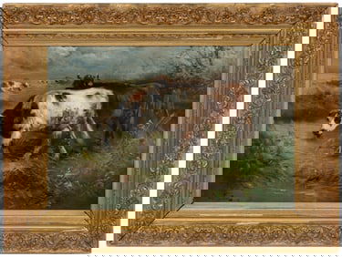 Henry Schouten, Belgian 1859-1927, "Cows in a Stream", oil on canvas, 19 3/4 x 29 1/2 in. (50.2 x