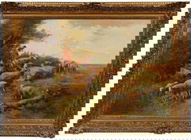 Henry Schouten, Belgian 1864-1927, "Shepherd with his Flock", oil on canvas, 31 3/8 x 47 3/8 in.