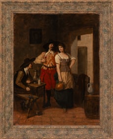 Francois Dumont, Belgian b. 1850, "The Bar Maiden", oil on canvas, 25 3/4 x 19 3/4 in. (65.4 x 50.2