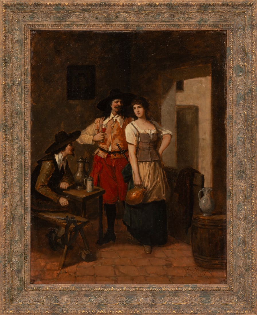 Francois Dumont, Belgian b. 1850, "The Bar Maiden", oil on canvas, 25 3/4 x 19 3/4 in. (65.4 x 50.2: Francois Dumont Belgian, b. 1850 "The Bar Maiden" oil on canvas 1900, signed and dated lower right, framed. 25 3/4 x 19 3/4 in. (65.4 x 50.2 cm.), Frame: 31 1/4 x 25 1/2 x 1 1/2 in. (79.4 x 