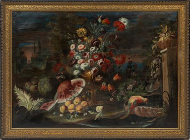 Continental School early 20th c., "Still Life of Flowers, Fruit and Parrot in a Landscape", oil on